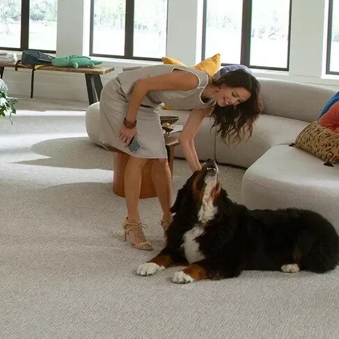 Happy lady playing with dog | Titan Flooring